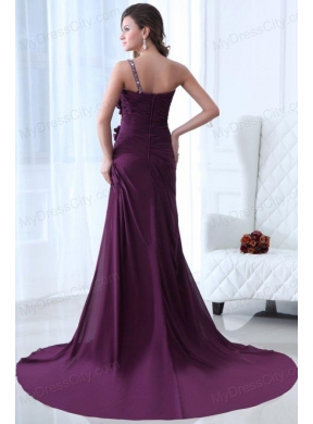 Column Purple One Shoulder Beading and Ruching Prom Dress