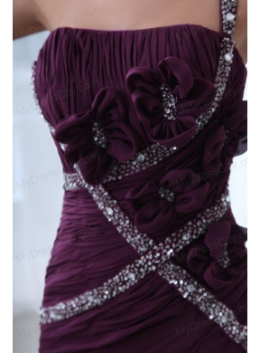 Column Purple One Shoulder Beading and Ruching Prom Dress