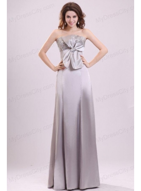 Column Strapless Beading and Bowknot Grey Taffeta Prom Dress with Floor-length