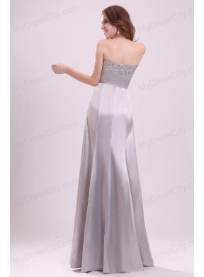 Column Strapless Beading and Bowknot Grey Taffeta Prom Dress with Floor-length