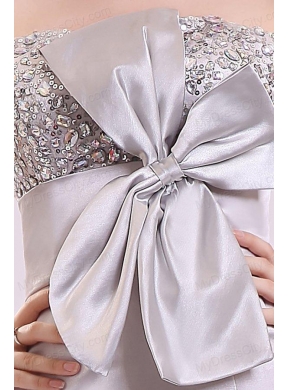 Column Strapless Beading and Bowknot Grey Taffeta Prom Dress with Floor-length