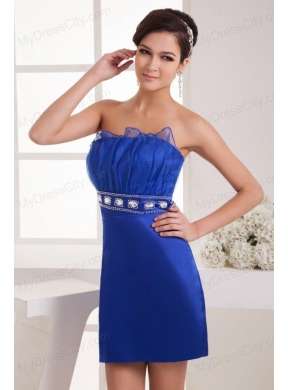 Column Strapless Mini-length Blue Taffeta Beading Prom Dress