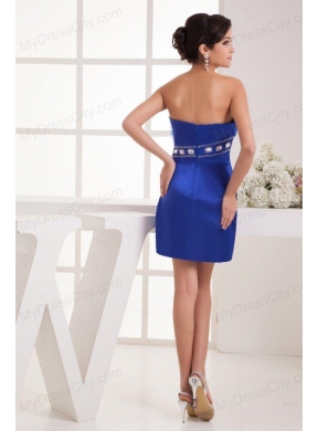 Column Strapless Mini-length Blue Taffeta Beading Prom Dress