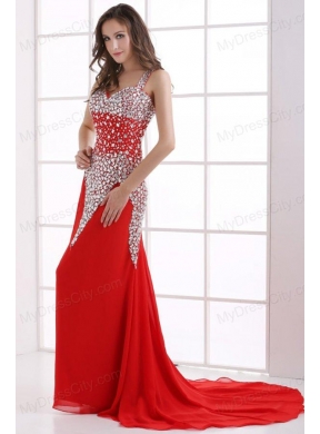 Column Wine Red Beading Straps Court Train Chiffon Prom Dress