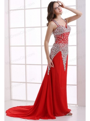 Column Wine Red Beading Straps Court Train Chiffon Prom Dress