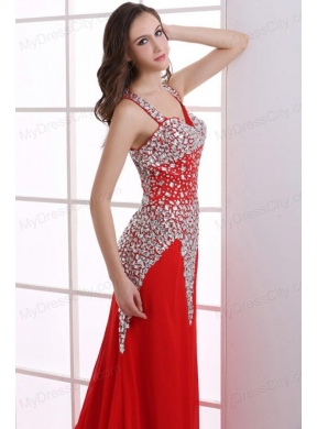 Column Wine Red Beading Straps Court Train Chiffon Prom Dress