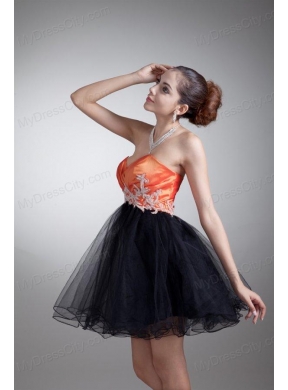 Cute A-line Sweetheart Orange Mini-length Tulle Appliques Prom Dress