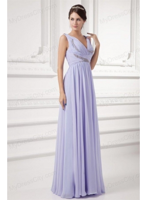 Elegant Empire Lavender V-neck Long Chiffon Prom Dress with Beading