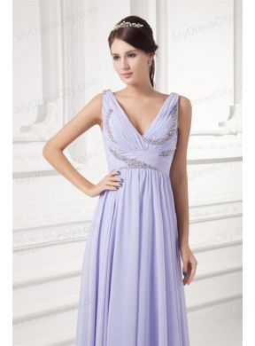 Elegant Empire Lavender V-neck Long Chiffon Prom Dress with Beading