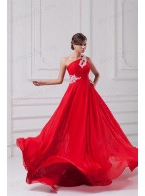 Elegant Empire One Shoulder Appliques Court Train Chiffon Red Prom Dresses