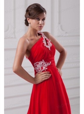 Elegant Empire One Shoulder Appliques Court Train Chiffon Red Prom Dresses