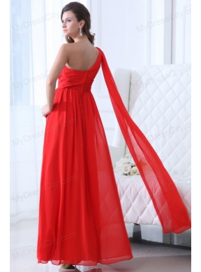 Elegant Empire One Shoulder Red Watteau Train Prom Dress with Beading