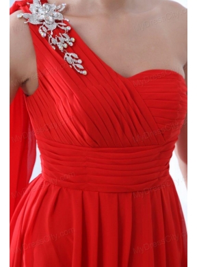 Elegant Empire One Shoulder Red Watteau Train Prom Dress with Beading