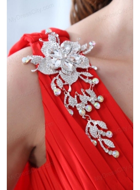 Elegant Empire One Shoulder Red Watteau Train Prom Dress with Beading