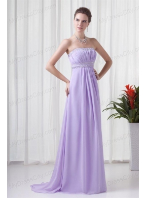 Elegant Empire Strapless Court Train Beading Lavender Prom Dress with Backless