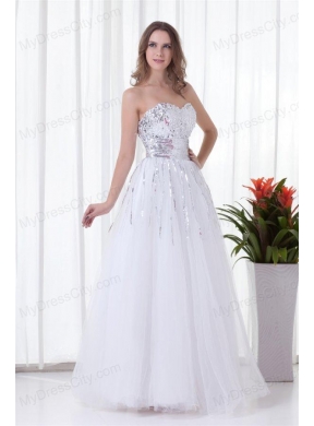 Elegant White A-line Sweetheart Tulle Floor-length Paillette  Prom Dress