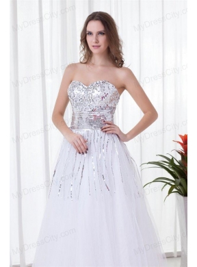 Elegant White A-line Sweetheart Tulle Floor-length Paillette  Prom Dress