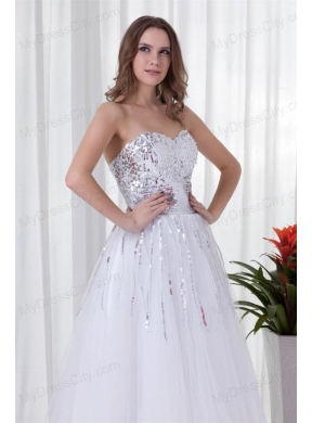 Elegant White A-line Sweetheart Tulle Floor-length Paillette  Prom Dress