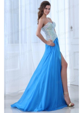 Empire Blue Sweetheart Beading High Slit Chiffon Prom Dress