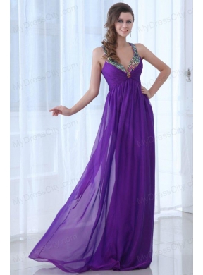 Empire Eggplant Purple Beading Straps Ruching Chiffon Prom Dress