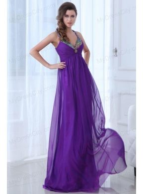 Empire Eggplant Purple Beading Straps Ruching Chiffon Prom Dress