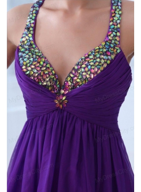 Empire Eggplant Purple Beading Straps Ruching Chiffon Prom Dress