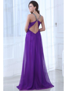 Empire Eggplant Purple Beading Straps Ruching Chiffon Prom Dress