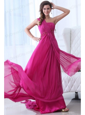 Empire Fuchsia Beading Ruching One Shoulder Prom Dress