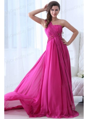 Empire Fuchsia Beading Ruching One Shoulder Prom Dress