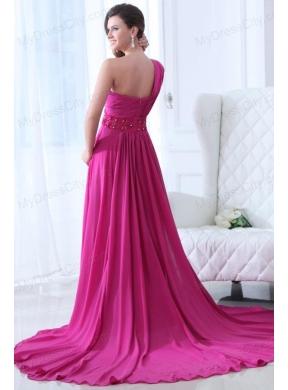 Empire Fuchsia Beading Ruching One Shoulder Prom Dress