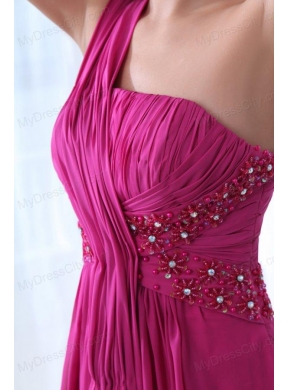 Empire Fuchsia Beading Ruching One Shoulder Prom Dress