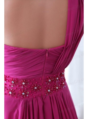 Empire Fuchsia Beading Ruching One Shoulder Prom Dress