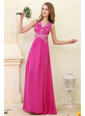 Empire Hot Pink V-neck Beading Chiffon Prom Dress