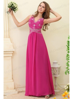 Empire Hot Pink V-neck Beading Chiffon Prom Dress