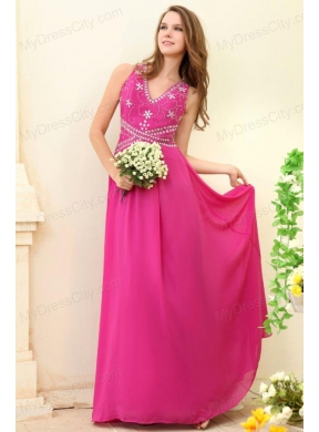 Empire Hot Pink V-neck Beading Chiffon Prom Dress