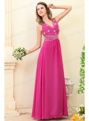 Empire Hot Pink V-neck Beading Chiffon Prom Dress