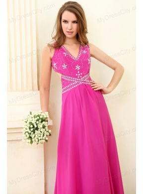 Empire Hot Pink V-neck Beading Chiffon Prom Dress