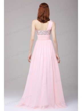 Empire One Shoulder Chiffon Beading Brush Train Prom Dress in Baby Pink