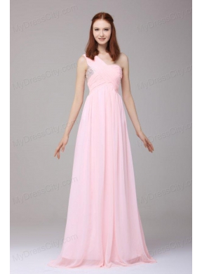 Empire One Shoulder Chiffon Beading Brush Train Prom Dress in Baby Pink