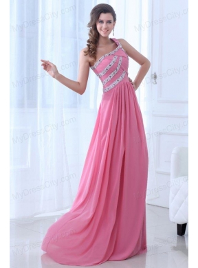 Empire One Shoulder Rose Pink Ruching and Beading Chiffon Prom Dress