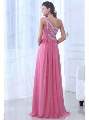 Empire One Shoulder Rose Pink Ruching and Beading Chiffon Prom Dress