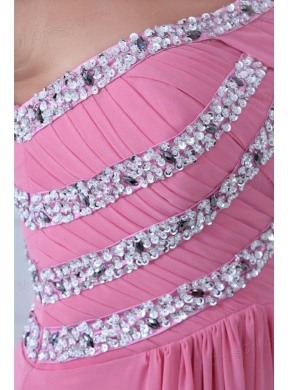 Empire One Shoulder Rose Pink Ruching and Beading Chiffon Prom Dress