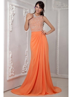 Empire Orange Scoop Beading Chiffon Brush Train Prom Dress