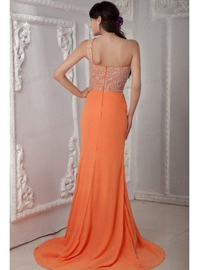 Empire Orange Scoop Beading Chiffon Brush Train Prom Dress