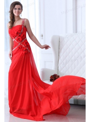 Empire Red One Shoulder Ruching and Beading Chiffon Prom Dress