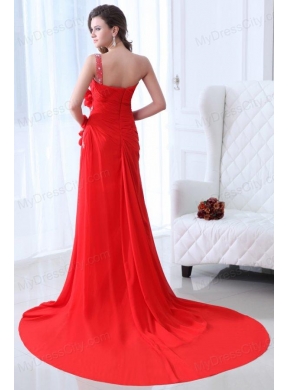 Empire Red One Shoulder Ruching and Beading Chiffon Prom Dress