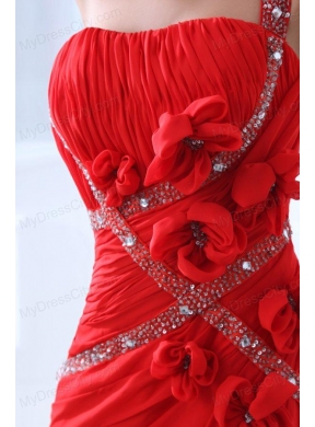 Empire Red One Shoulder Ruching and Beading Chiffon Prom Dress