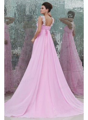 Empire Straps Rose Pink Appliques and Ruching Chiffon Prom Dress