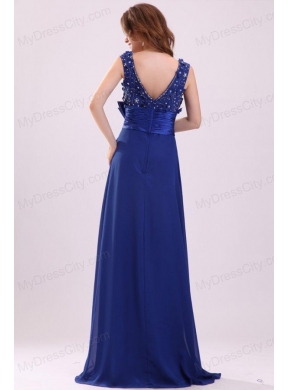 Empire V-neck Blue Blue Beading and Bowknot Taffeta Prom Dress