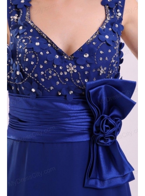 Empire V-neck Blue Blue Beading and Bowknot Taffeta Prom Dress